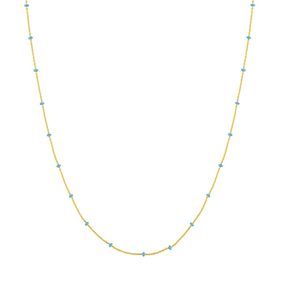 14K Yellow Gold Baby Blue Enamel Necklace Saturn Chain - 18 in.: 14K Yellow Gold Baby Blue Enamel Necklace Saturn Chain - 18 in. SKU no: RBJ261143 Purity: 14K Finish: Polished Length Of Item: 18 in. Chain Type: Saturn Chain Width: 1.05mm Clasp/Connecto