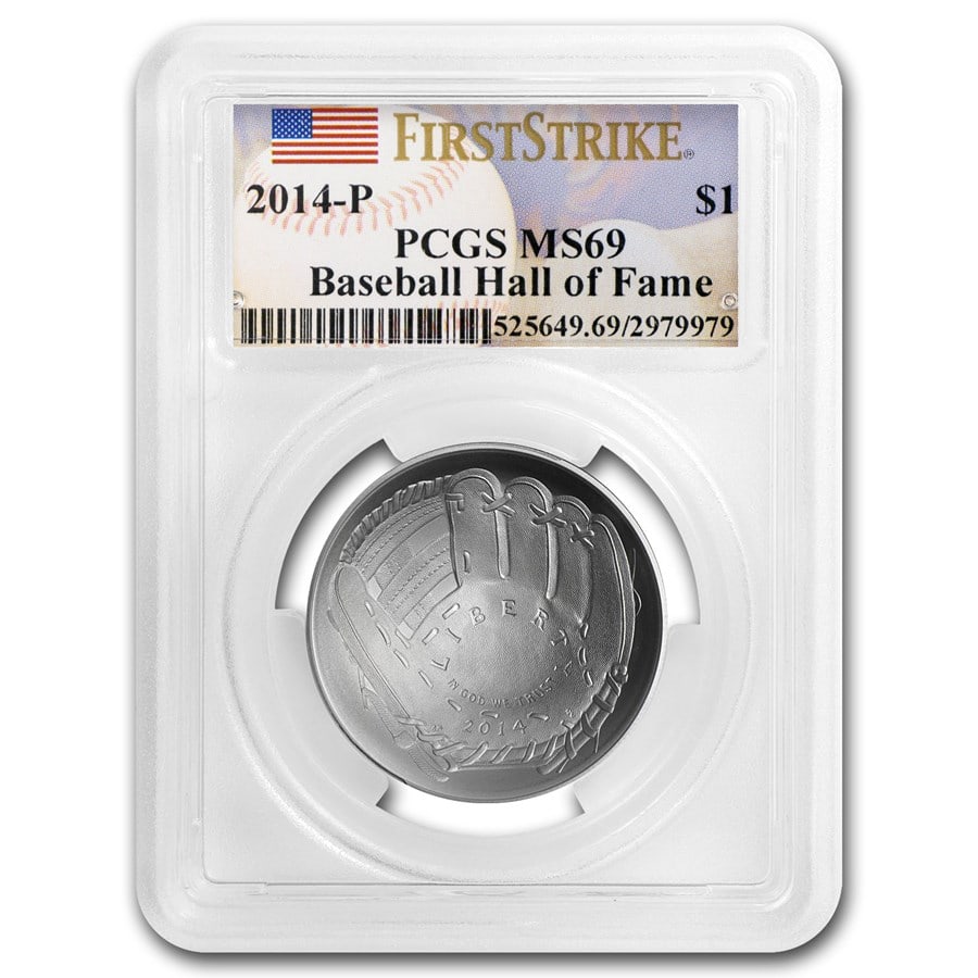 2014-P Baseball HOF $1 Silver Commem: 2014-P Baseball HOF $1 Silver Commem MS-69 PCGS (FS) Product ID: 83234 Year: 2014 Grade: MS-69 Grade Service: PCGS Denomination: 1 Dollar Mint Mark: P - Philadelphia Metal Content: 0.7734
