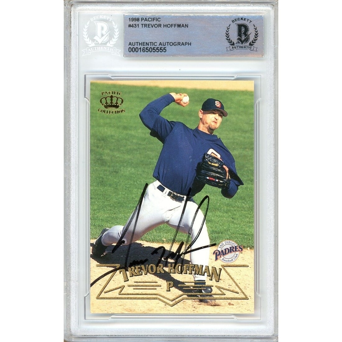 trevor hoffman san diego padres signed: trevor hoffman san diego padres signed 1998 pacific card beckett authentic auto slab This autographed baseball card featuring Trevor Hoffman, the San Diego Padres player, is a valuable addition to any
