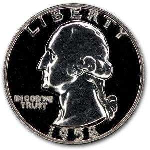 1958 Washington Quarter Gem Proof: 1958 Washington Quarter Gem Proof Product ID: 5687 Year: 1958 Grade: Gem Proof Grade Service: None Denomination: 25 Cents Mint Mark: P - Philadelphia (Not Shown) Metal Content: 0.1788 tro