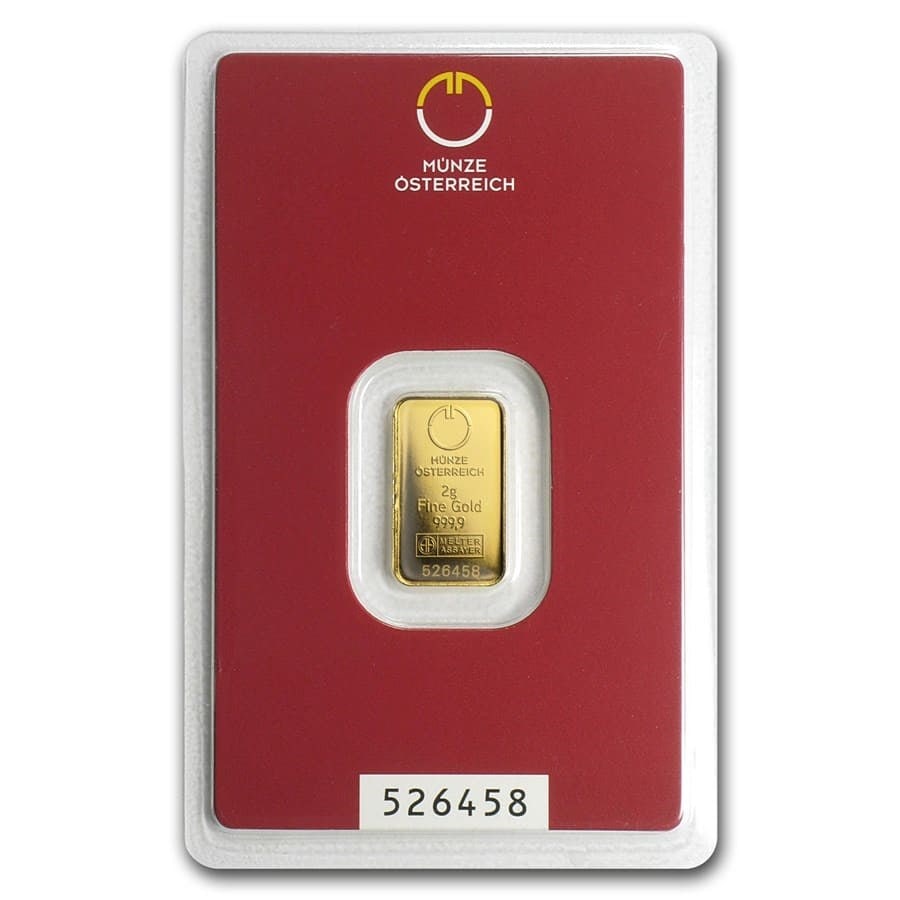 2 gram Gold Bar - Austrian Mint (In Assay): 2 gram Gold Bar - Austrian Mint (In Assay) SKU no: RBJ78376 Year: N/A Grade: None Grade Service: Assay Card Mint Mark: N/A - Not Available Metal Content: 0.0643 troy oz Purity: .9999