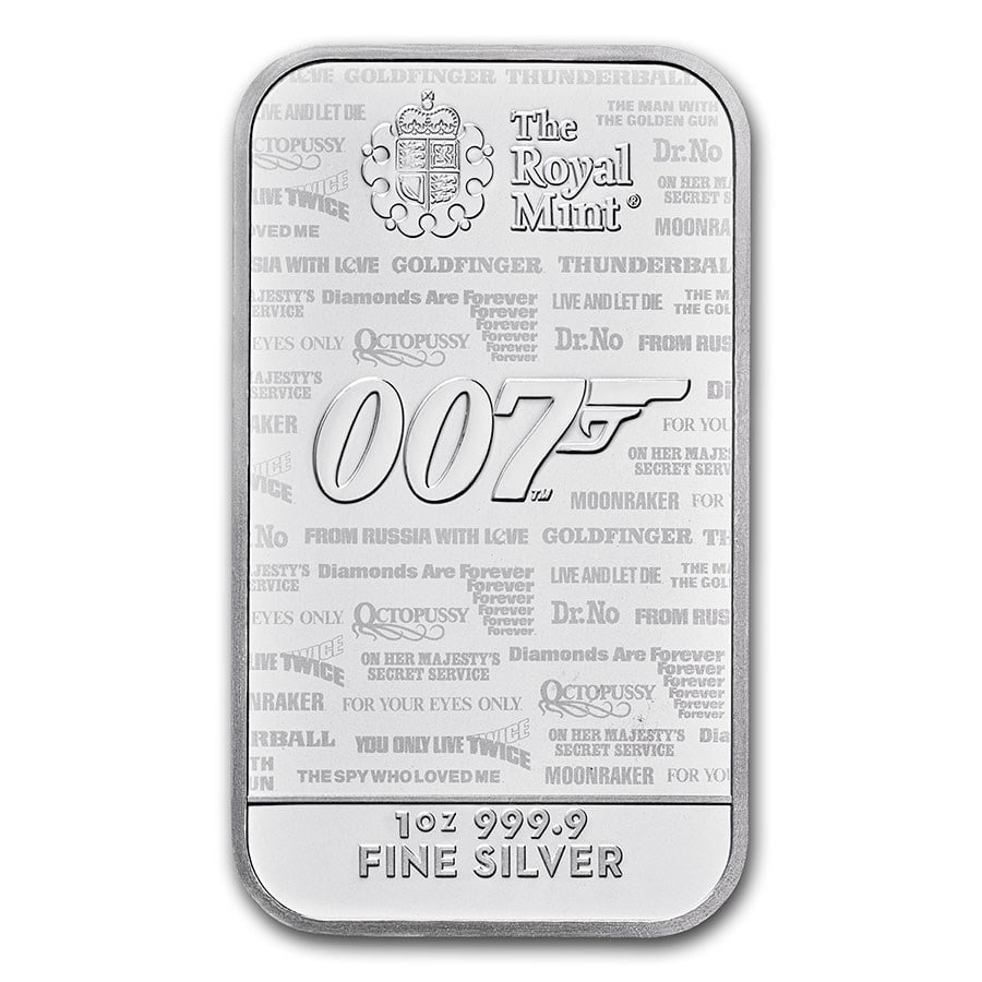 2020 Great Britain 1 oz Silver James Bond 007 Bar: 2020 Great Britain 1 oz Silver James Bond 007 Bar SKU no: RBJ218865 Year: 2020 Grade: None Grade Service: None Mint Mark: Not Shown Metal Content: 1 troy oz Purity: .999 Diameter