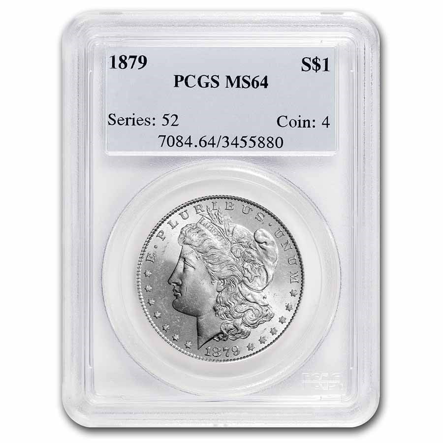 1879 Morgan Dollar MS-64 PCGS: 1879 Morgan Dollar MS-64 PCGS SKU no: RBJ11233 Year: 1879 Grade Service: PCGS Denomination: $1.00 Metal Content: 0.7734 troy oz Purity: .900 Thickness: 3.1 mm Diameter: 38.1 mm