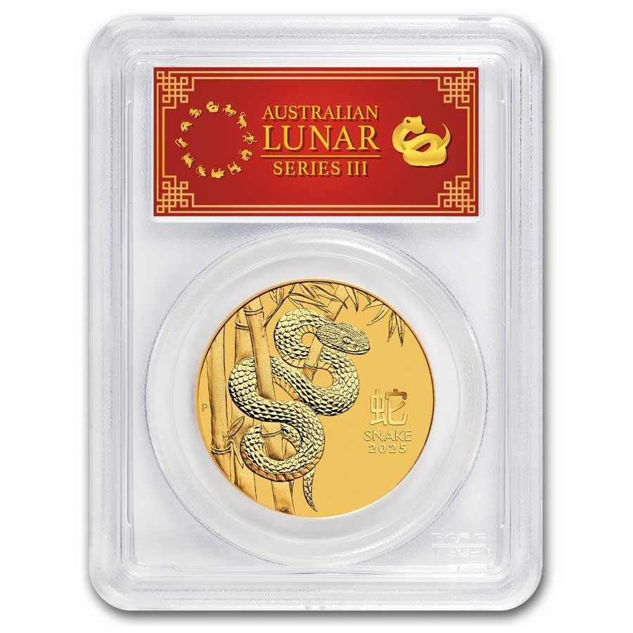2025 Australia 1 oz Gold Lunar Snake MS-70 PCGS (FS, Red Label): 2025 Australia 1 oz Gold Lunar Snake MS-70 PCGS (FS, Red Label) SKU no: RBJ302704 Year: 2025 Grade: MS-70 Grade Service: PCGS Denomination: 100 Dollars Mint Mark: P - Perth Metal Content:
