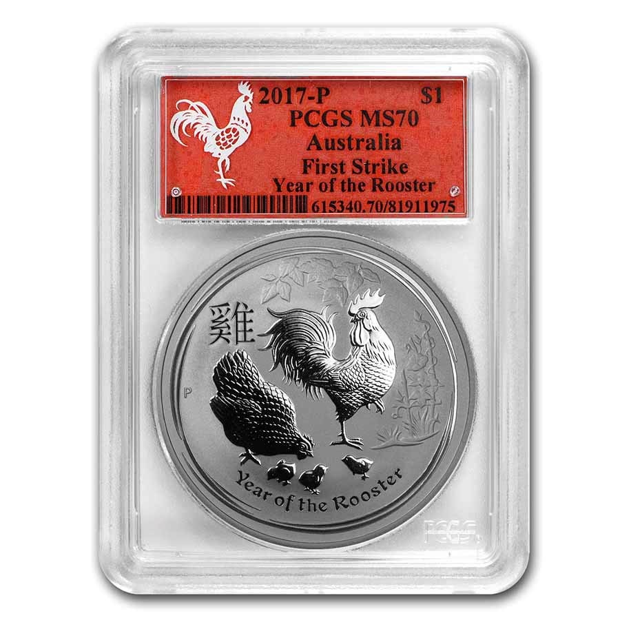 2017 AUS 1 oz Silver Lunar Rooster MS-70 PCGS (FS, Red Label): 2017 AUS 1 oz Silver Lunar Rooster MS-70 PCGS (FS, Red Label) SKU no: RBJ104751 Year: 2017 Grade Service: PCGS Denomination: 1 Dollar Metal Content: 1 troy oz Purity: .9999 Thickness: 2.6