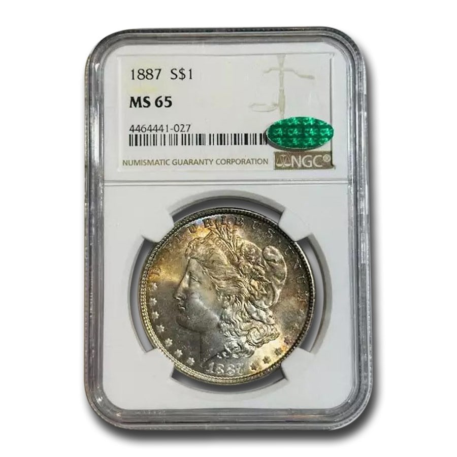 1887 Morgan Dollar MS-65 NGC CAC: 1887 Morgan Dollar MS-65 NGC CAC SKU no: RBJ98581 Year: 1887 Grade Service: NGC Denomination: 1 Dollar Metal Content: 0.7734 troy oz Purity: .900 Thickness: 3.1 mm Diameter: 38.1