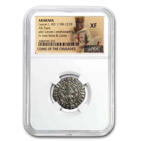 Kingdom of Armenia AR Tram Levon I (1198-1219 AD) XF NGC: Kingdom of Armenia AR Tram Levon I (1198-1219 AD) XF NGC SKU no: RBJ187113 Year: 1198-1219 Grade Service: NGC Denomination: AR Tram Metal Content: 0.15 troy oz Purity: N/A Thickness: Vari