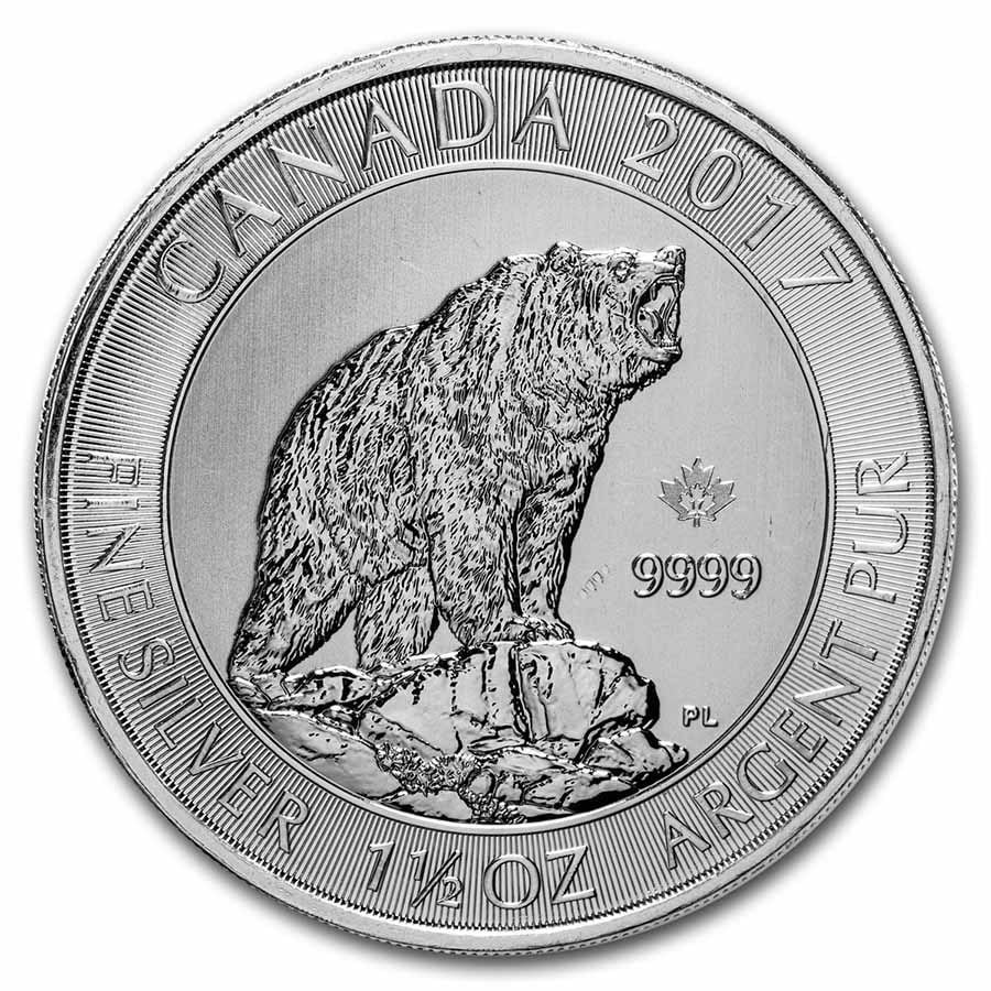 2017 Canada 1.5 oz Silver $8 Grizzly Bear BU (Abrasions): 2017 Canada 1.5 oz Silver $8 Grizzly Bear BU (Abrasions) SKU no: RBJ236986 Year: 2017 Grade: None Grade Service: None Denomination: 8 Dollars Mint Mark: RCM (Not Shown) Metal Content: 1.5