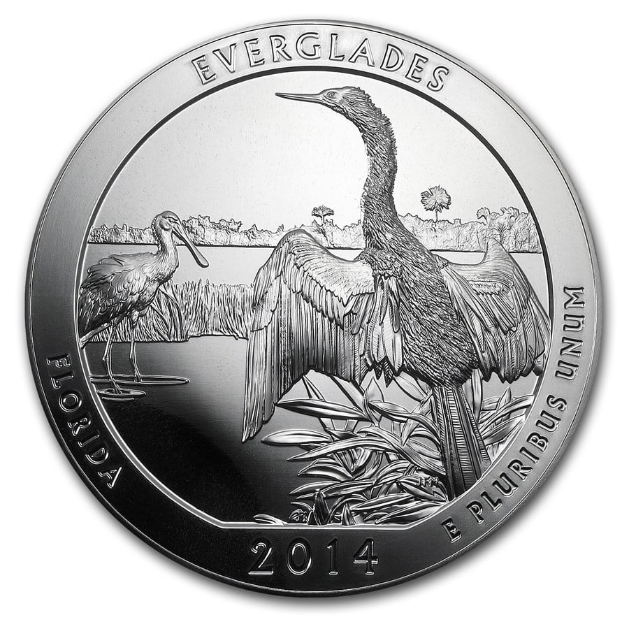 2014 5 oz Silver ATB Everglades National Park, FL: 2014 5 oz Silver ATB Everglades National Park, FL SKU no: RBJ80983 Year: 2014 Grade: Brilliant Unc Grade Service: None Denomination: 25 Cents Mint Mark: P - Philadelphia (Not Shown) Metal