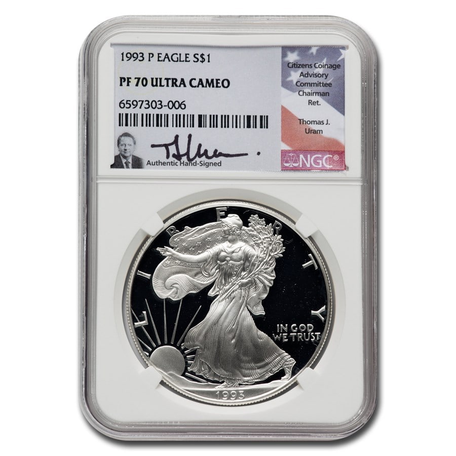 1993-P American Silver Eagle PF-70 NGC (Thomas Uram): 1993-P American Silver Eagle PF-70 NGC (Thomas Uram) SKU no: RBJ306934 Year: 1993 Grade: Proof - 70 UCAM Grade Service: NGC Denomination: 1 Dollar Mint Mark: P - Philadelphia Metal Conten