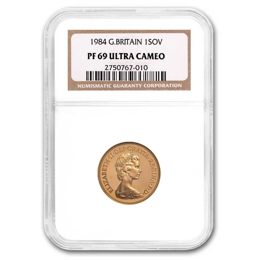 1984 Great Britain Gold Sovereign Elizabeth II PF-69 NGC: 1984 Great Britain Gold Sovereign Elizabeth II PF-69 NGC SKU no: RBJ302479 Year: 1984 Grade Service: NGC Denomination: 1 Sovereign Metal Content: 0.2354 troy oz Purity: .9167 Thickness: 1