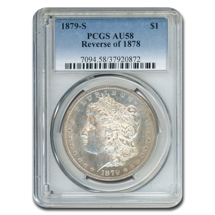 1879-S Morgan Dollar Rev of 78 AU-58 PCGS: 1879-S Morgan Dollar Rev of 78 AU-58 PCGS SKU no: RBJ185486 Year: 1879 Grade Service: PCGS Denomination: $1.00 Metal Content: 0.7734 troy oz Purity: .900 Thickness: 3.1 mm Diamet
