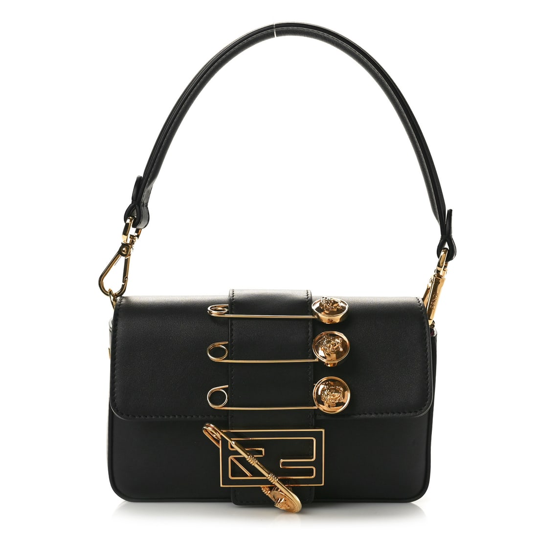 Fendi X VERSACE Vitello Seta Fendace Mini Brooch Baguette Black: Fendi X VERSACE Vitello Seta Fendace Mini Brooch Baguette Black Brand: FENDI Condition: Excellent Condition Details: Exterior: Scuffs, surface wear, Interior: Scuffs, surface wear, Hardware: Faint scr
