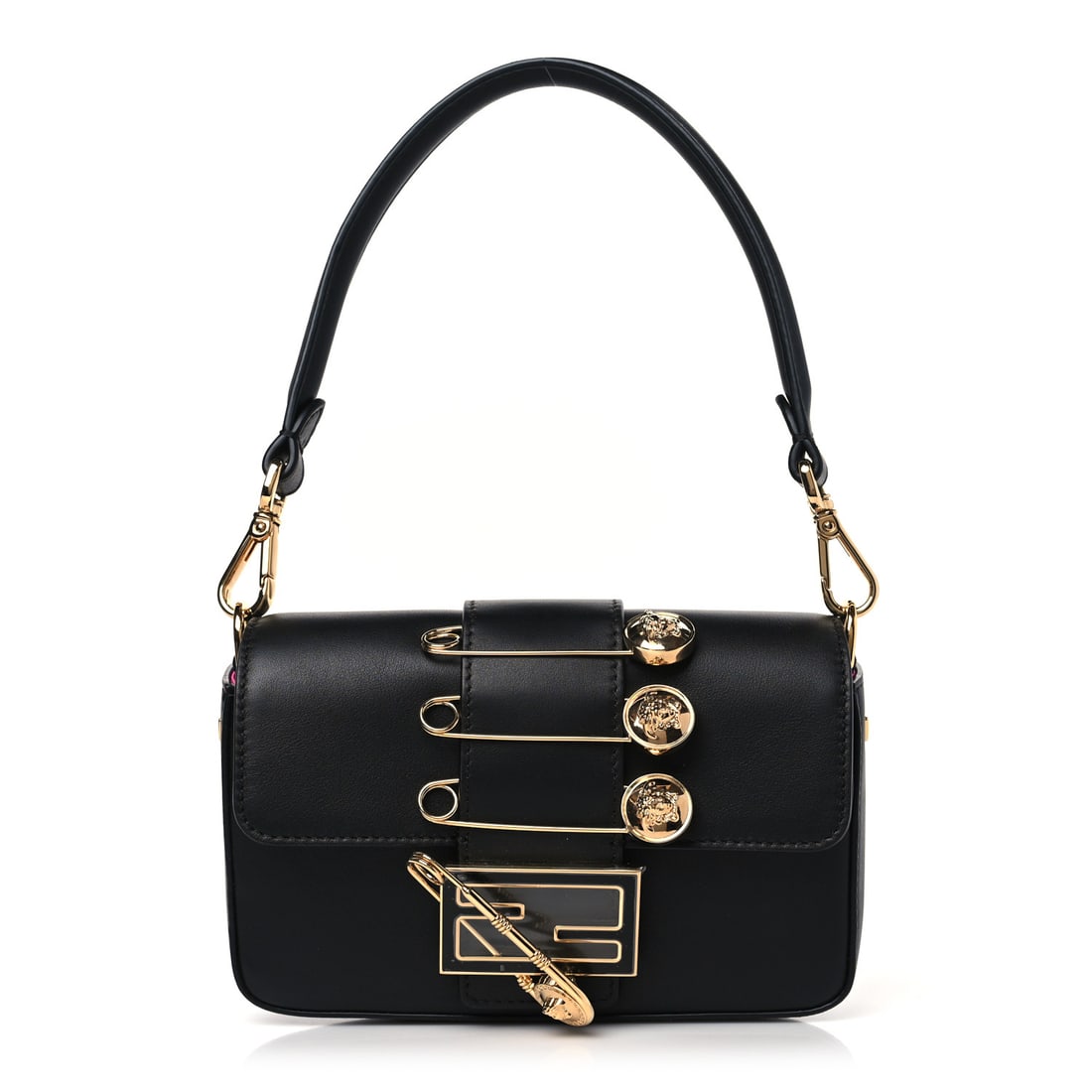Fendi X VERSACE Vitello Seta Fendace Mini Brooch Baguette Black: Fendi X VERSACE Vitello Seta Fendace Mini Brooch Baguette Black Brand: FENDI Condition: Excellent Condition Details: Exterior: Scuffs, Interior: Scuffs, surface wear, Hardware: Scratch(es), protective