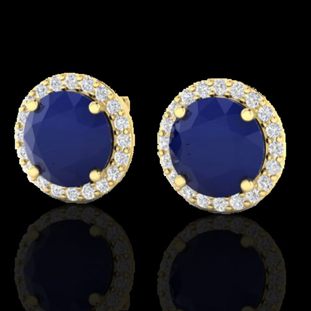 4 ctw Sapphire & Halo VS/SI Diamond Micro Pave Earrings 18k Yellow Gold: 4 ctw Sapphire & Halo VS/SI Diamond Micro Pave Earrings 18k Yellow Gold Item: Sapphire StudTotal Gem weight: 4 carats Metal: Solid 18k Yellow Gold Gold Product Weight: Approx. 3.7 grams Jewelry