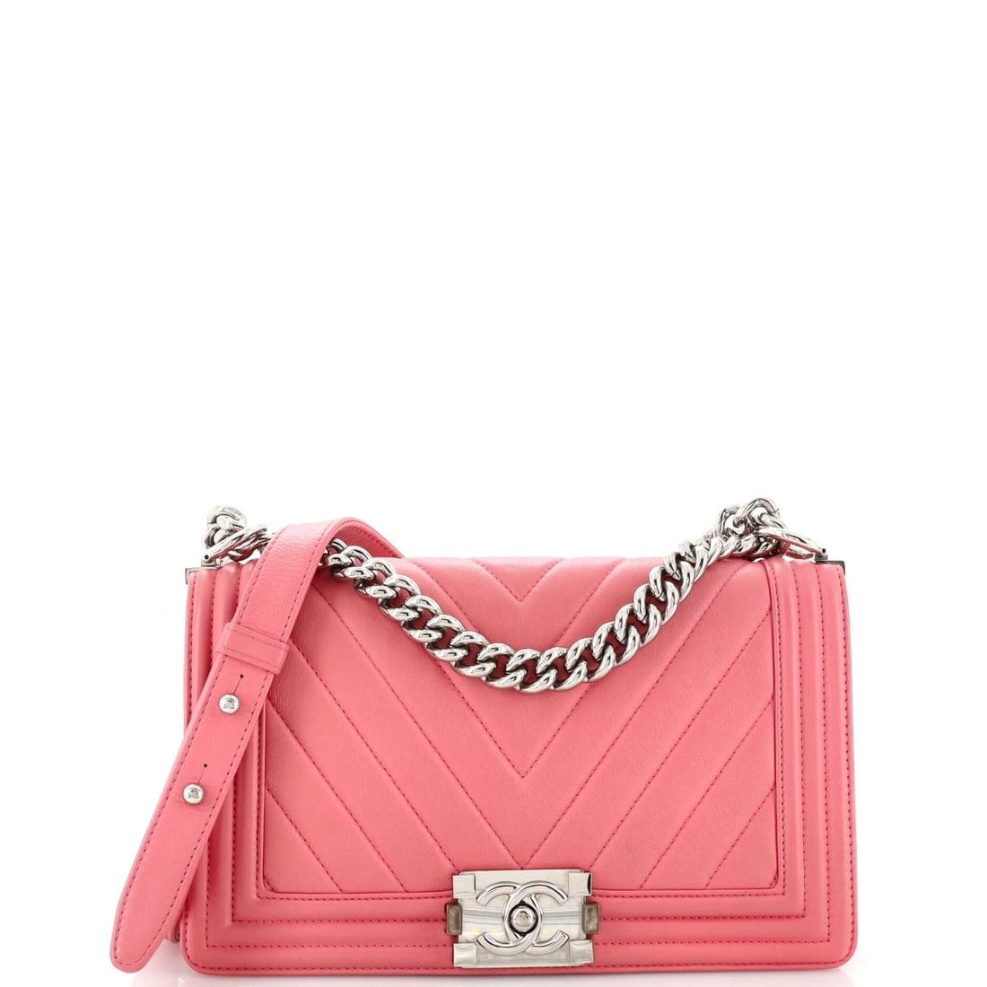 Chanel Boy Flap Bag Chevron Calfskin Old Medium: Chanel Boy Flap Bag Chevron Calfskin Old Medium ,br> Exterior Color: Pink Interior Color: Gray Exterior Material: Leather Interior Material: Fabric Hardware Color: Silver Estimated Retail: $6,600 <