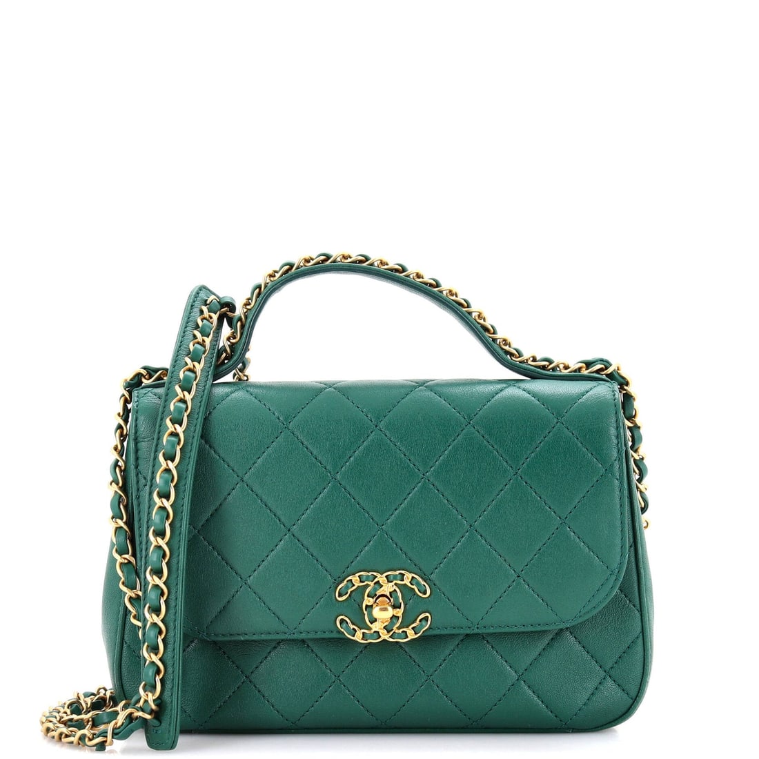 Chanel Chain Infinity Top Handle Bag Quilted Lambskin Small: Chanel Chain Infinity Top Handle Bag Quilted Lambskin Small ,br> Exterior Color: Green Interior Color: Green Exterior Material: Leather Interior Material: Fabric Hardware Color: Aged Gold Accessories: