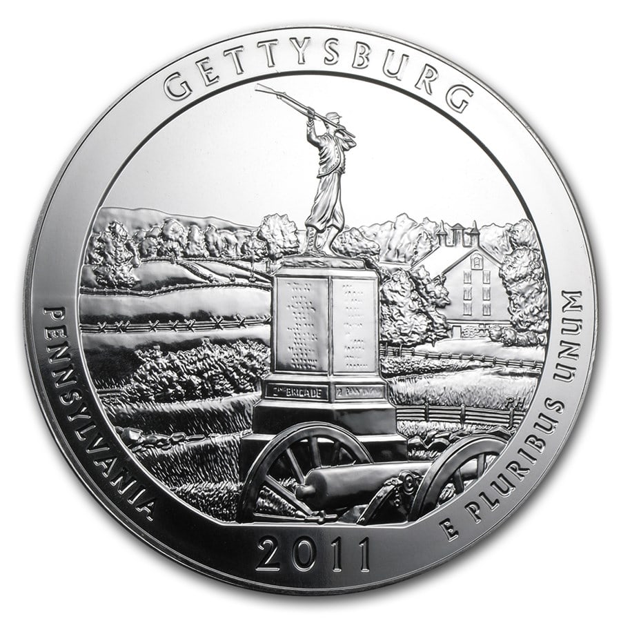 2011 5 oz Silver ATB Gettysburg National Military Park, PA: 2011 5 oz Silver ATB Gettysburg National Military Park, PA SKU no: RBJ61837 Year: 2011 Grade: Brilliant Unc Grade Service: None Denomination: 25 Cents Mint Mark: P - Philadelphia (Not Shown) <