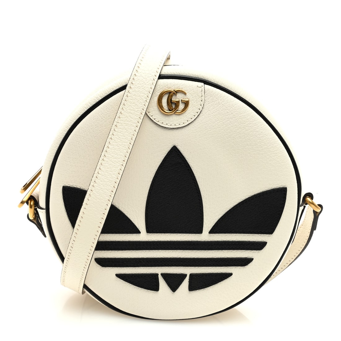 Gucci X ADIDAS Textured Dollar Calfskin Web Trefoil Logo Small Ophidia Round Shoulder Bag Off White: Gucci X ADIDAS Textured Dollar Calfskin Web Trefoil Logo Small Ophidia Round Shoulder Bag Off White Black Brand: GUCCI Condition: Excellent Condition Details: Exterior: Marks, , Dust bag Length: 10 in