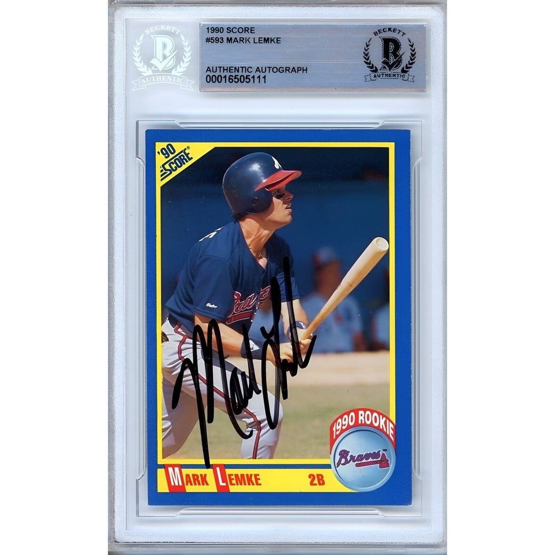mark lemke atlanta braves signed 1990: mark lemke atlanta braves signed 1990 score baseball rookie card beckett auto slab RC This autographed 1990 Score baseball card, with an authentic signature from Mark Lemke of the Atlanta Braves, is a