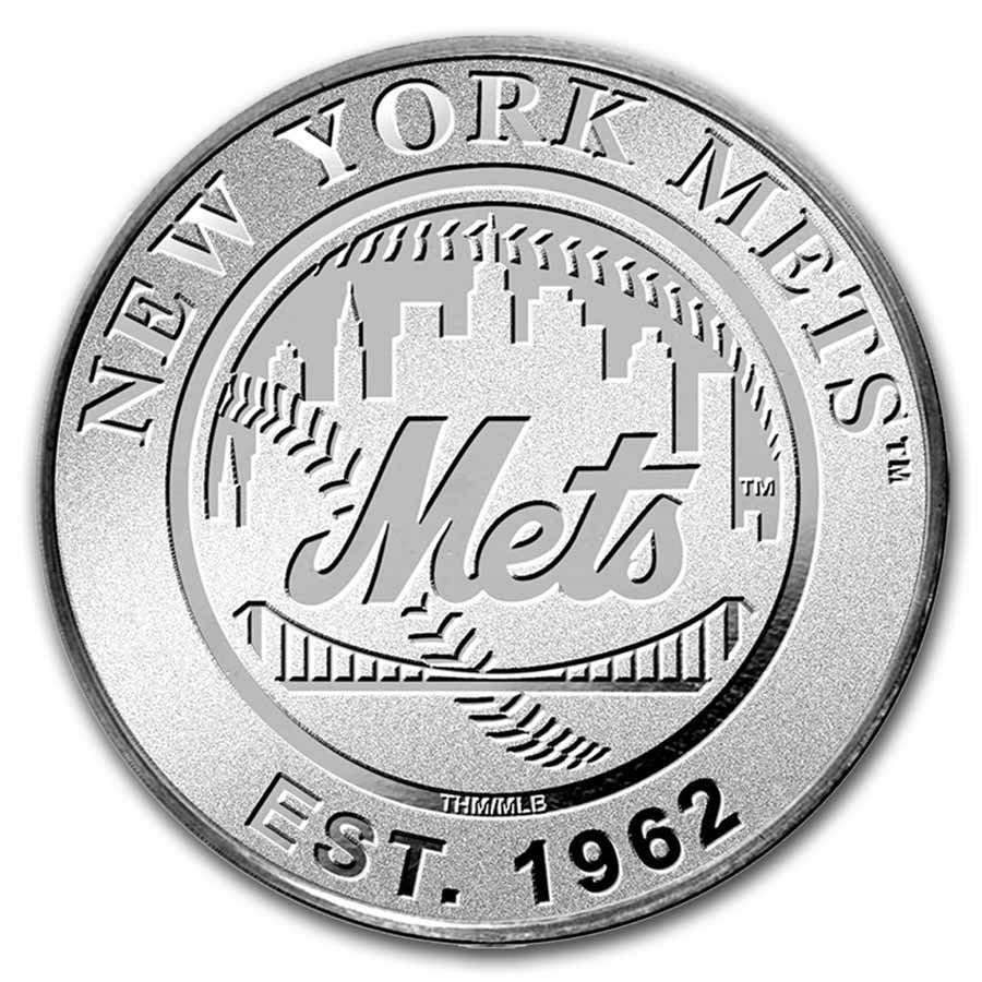 MLB New York Mets 1 oz Silver Round: MLB New York Mets 1 oz Silver Round SKU no: RBJ306763 Grade: None Grade Service: None Mint Mark: None Metal Content: 1 troy oz Purity: .999 Thickness: N/A mm Diameter: 39 mm <