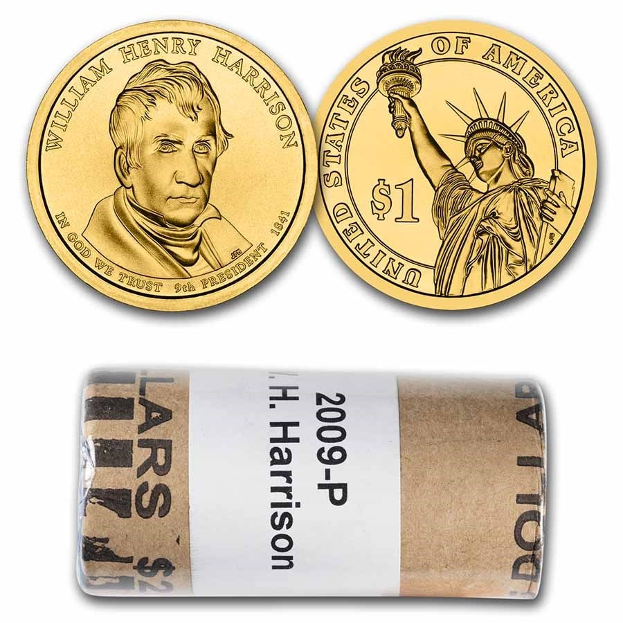 2009-P William Harrison 25-Coin Presidential Dollar Roll: 2009-P William Harrison 25-Coin Presidential Dollar Roll SKU no: RBJ50160 Year: 2009 Grade: Brilliant Unc Grade Service: None Denomination: $1.00 Mint Mark: P - Philadelphia Metal Content