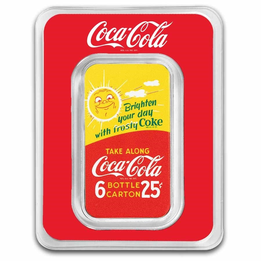Coca-Cola 1 oz Silver Summer Fun Colorized Bar (in TEP): Coca-Cola 1 oz Silver Summer Fun Colorized Bar (in TEP) SKU no: RBJ294016 Grade: None Grade Service: None Mint Mark: N/A - Not Available Metal Content: 1 troy oz Purity: .999 Thickness: 3
