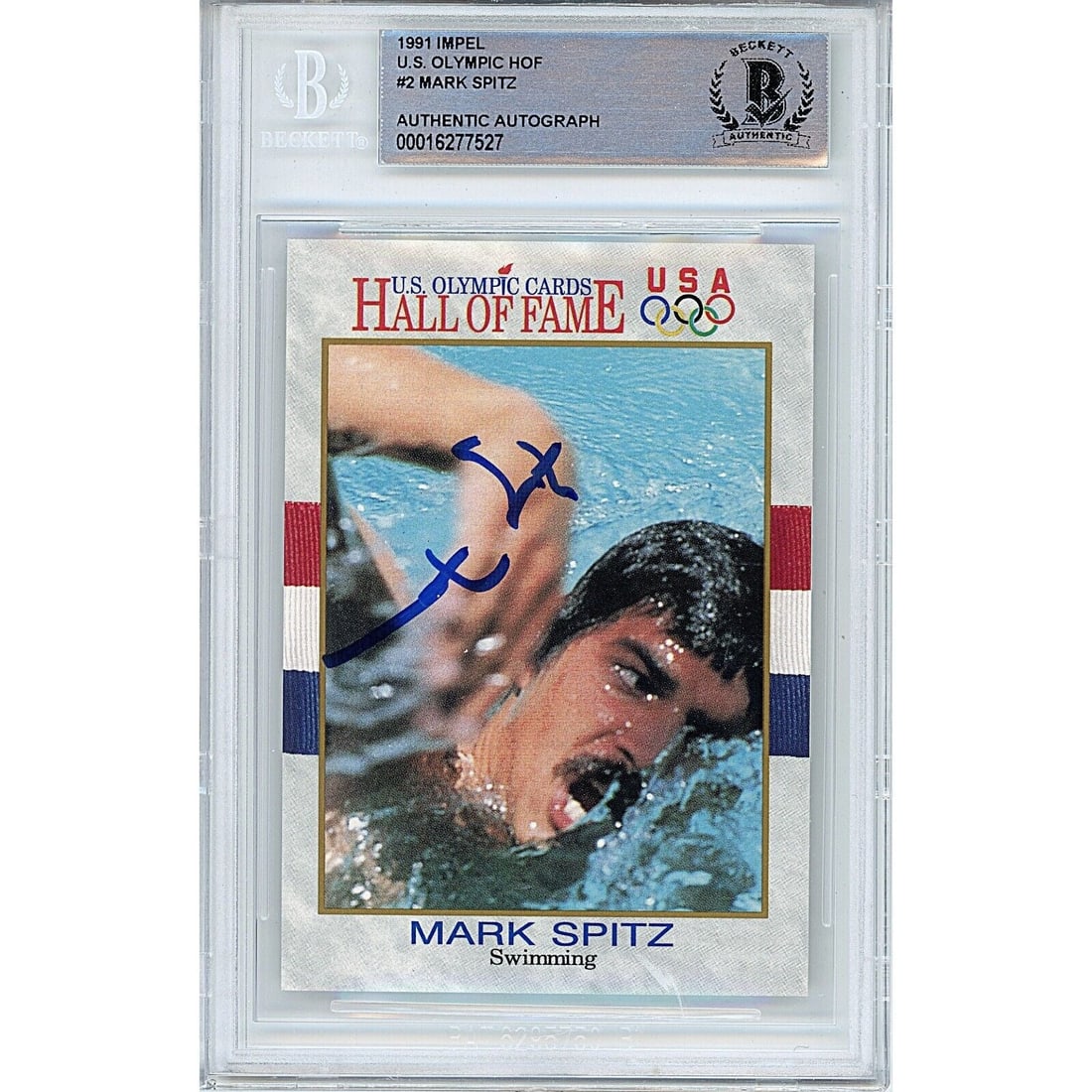 mark spitz team usa signed 1991: mark spitz team usa signed 1991 impel us summer olympics HOF card beckett auth auto This 1991 Impel US Summer Olympics HOF card, featuring an autograph from legendary Olympian Mark Spitz, is a must-ha