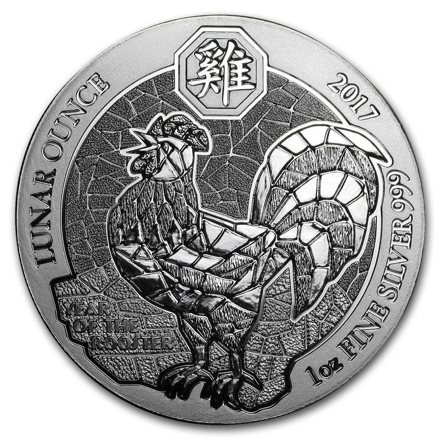 2017 Rwanda 1 oz Silver Lunar Year of the Rooster BU: 2017 Rwanda 1 oz Silver Lunar Year of the Rooster BU SKU no: RBJ114953 Year: 2017 Grade: Brilliant Unc Grade Service: None Denomination: 50 RWF Franc Mint Mark: Not Shown Metal Content: 1