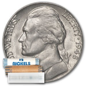 1948 Jefferson Nickel 40-Coin Roll BU: 1948 Jefferson Nickel 40-Coin Roll BU SKU no: RBJ42230 Year: 1948 Grade: Brilliant Unc Grade Service: None Denomination: 5 Cents Mint Mark: P - Philadelphia (Not Shown) Metal Content: 0 t