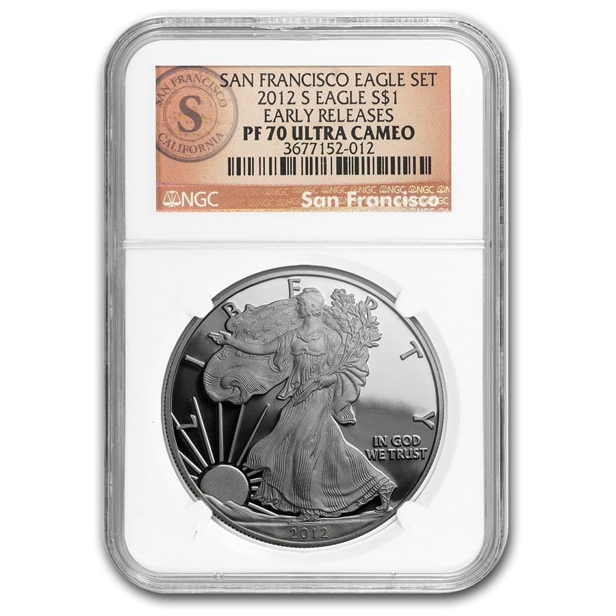 2012-S Proof American Silver Eagle PF-70 NGC (ER, 75th Anniv, SF): 2012-S Proof American Silver Eagle PF-70 NGC (ER, 75th Anniv, SF) SKU no: RBJ102432 Year: 2012 Grade: Proof - 70 UCAM Grade Service: NGC Denomination: 1 Dollar Mint Mark: S - San Francisco
