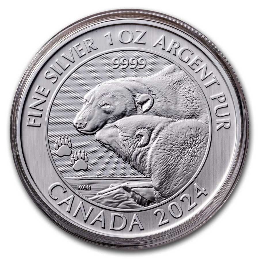 2024 Canada 1 oz $5 Silver The Majestic Polar Bears: 2024 Canada 1 oz $5 Silver The Majestic Polar Bears SKU no: RBJ293633 Year: 2024 Grade: None Grade Service: Assay Card Denomination: 5 Dollars Mint Mark: RCM (Not Shown) Metal Content: 1
