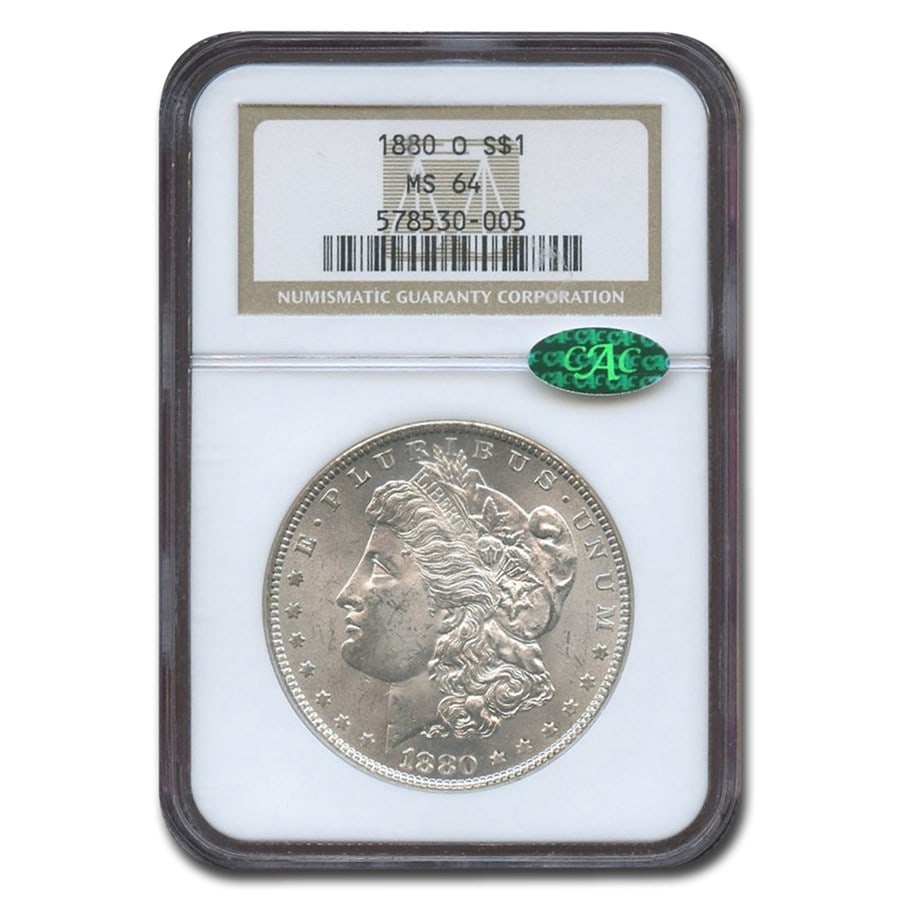 1880-O Morgan Dollar MS-64 NGC CAC: 1880-O Morgan Dollar MS-64 NGC CAC SKU no: RBJ216843 Year: 1880 Grade Service: NGC Denomination: 1 Dollar Metal Content: 0.7734 troy oz Purity: .900 Diameter: 38.1 mm Guideline