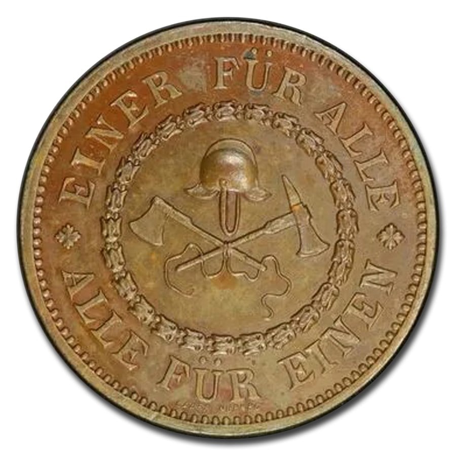 1894 Germany Fire Bregade Medal MS-63 PCGS (Brown): 1894 Germany Fire Bregade Medal MS-63 PCGS (Brown) SKU no: RBJ305571 Year: 1894 Grade Service: PCGS Metal Content: 0 troy oz Purity: None Diameter: 28.8 mm Guidelines for Bidding