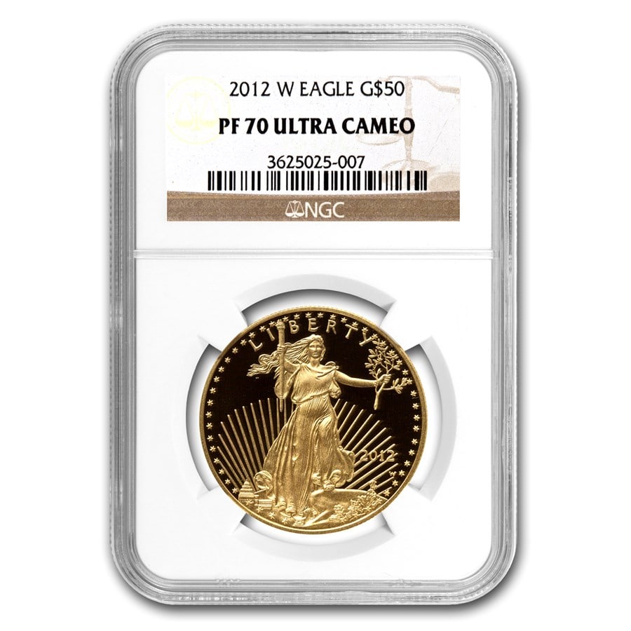 2012-W 1 oz Proof American Gold Eagle PF-70 UCAM NGC: 2012-W 1 oz Proof American Gold Eagle PF-70 UCAM NGC SKU no: RBJ70159 Year: 2012 Grade Service: NGC Denomination: $50 Metal Content: 1 troy oz Purity: .9167 Thickness: 2.87 mm Di