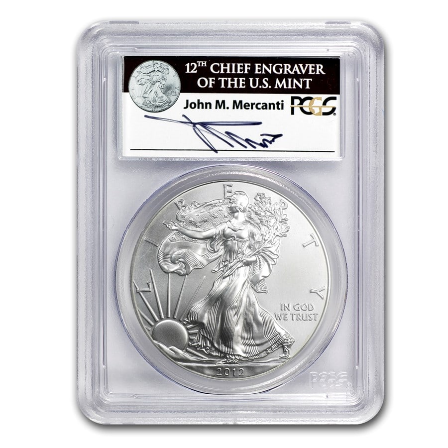 2012 American Silver Eagle MS-70 PCGS (First Strike, Mercanti): 2012 American Silver Eagle MS-70 PCGS (First Strike, Mercanti) SKU no: RBJ81088 Year: 2012 Grade Service: PCGS Denomination: 1 Dollar Metal Content: 1 troy oz Purity: .999 Thickness: 2.98