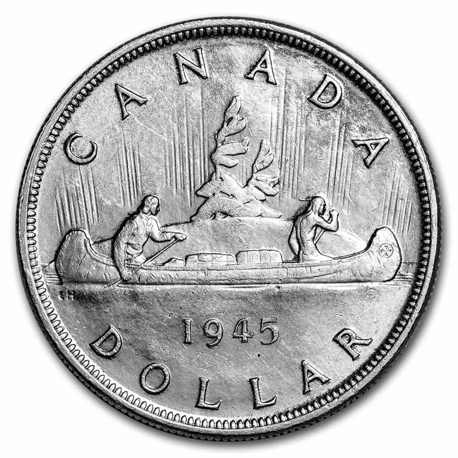 1945 Canada Silver Dollar George VI AU: 1945 Canada Silver Dollar George VI AU SKU no: RBJ37839 Year: 1945 Grade: Almost Unc Grade Service: None Denomination: $1.00 Dollar Mint Mark: RCM (Not Shown) Metal Content: 0.6 troy oz <