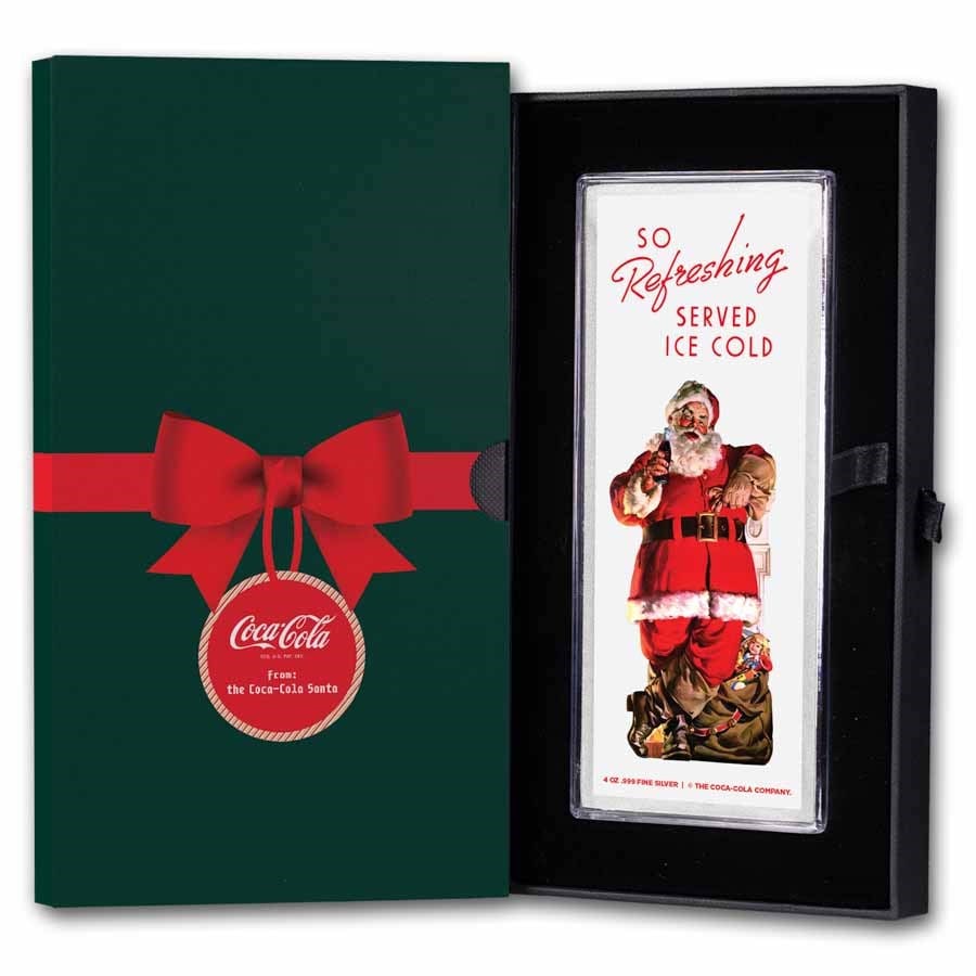 Coca-Cola Santa 4 oz Silver Colorized Bar: Coca-Cola Santa 4 oz Silver Colorized Bar SKU no: RBJ296447 Grade: None Grade Service: None Mint Mark: N/A - Not Available Metal Content: 4 troy oz Purity: .999 Thickness: 1.4 mm