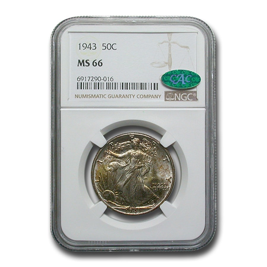 1943 Walking Liberty Half Dollar MS-66 NGC CAC: 1943 Walking Liberty Half Dollar MS-66 NGC CAC SKU no: RBJ283713 Year: 1943 Grade Service: NGC Denomination: 50 Cents Metal Content: 0.3617 troy oz Purity: .900 Diameter: 30.6 mm