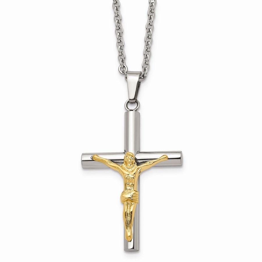 SS Yellow IP-plated Crucifix Pendant Necklace - 20 in.: SS Yellow IP-plated Crucifix Pendant Necklace - 20 in. SKU no: RBJ221449 Metal: Stainless Steel Finish: Polished Chain Length: 20 in Chain Width: 2 mm Charm Element Length: 50 mm Charm El