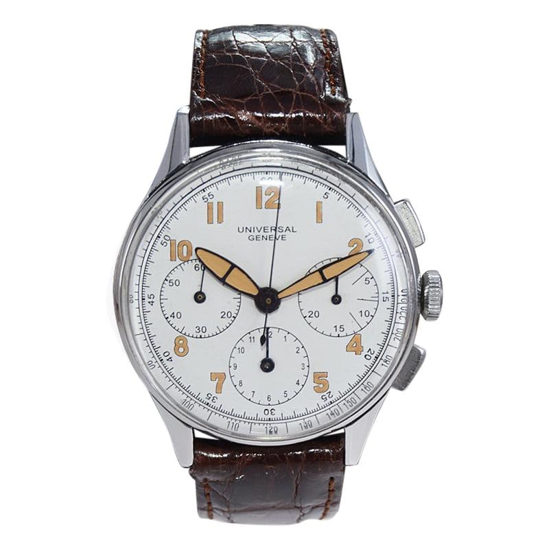 Universal Geneve Stainless Steel Aero Compax: Universal Geneve Stainless Steel Aero Compax 3 Register Chronograph circa 1940s Brand: Universal Geneve Case Material: Stainless Steel Movement: Manual Wind Case Dimensions: Height: 1.62 in (41 mm) Di