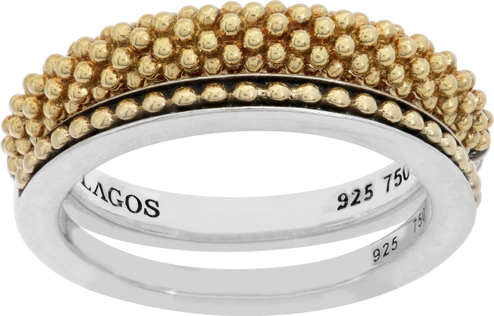 Lagos "Caviar" 18K yellow gold and: Lagos "Caviar" 18K yellow gold and sterling silver 2 rings set Brand: Estate Jewelry Gender: Female Size: 7 Metal(s) / Material(s): 18k Yellow Gold, Sterling Silver Item Weight: 4.70 Guidelines