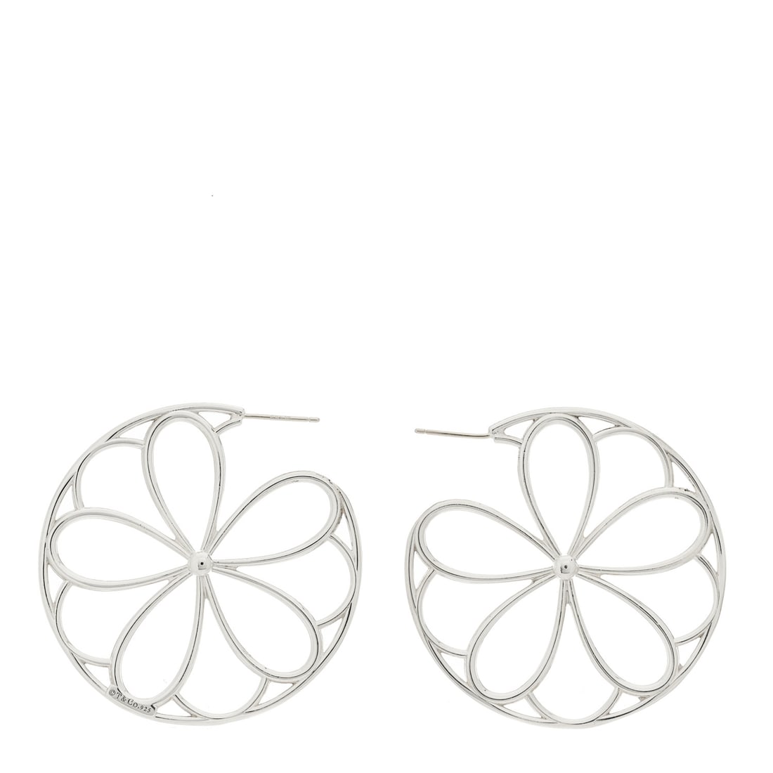 Tiffany Sterling Silver Daisy Hoop Earrings: Tiffany Sterling Silver Daisy Hoop Earrings Brand: TIFFANY Condition: Shows Wear Condition Details: Other: Bent post(s), Hardware: Faint scratch(es), , Due to grading limitations imposed by mounted st