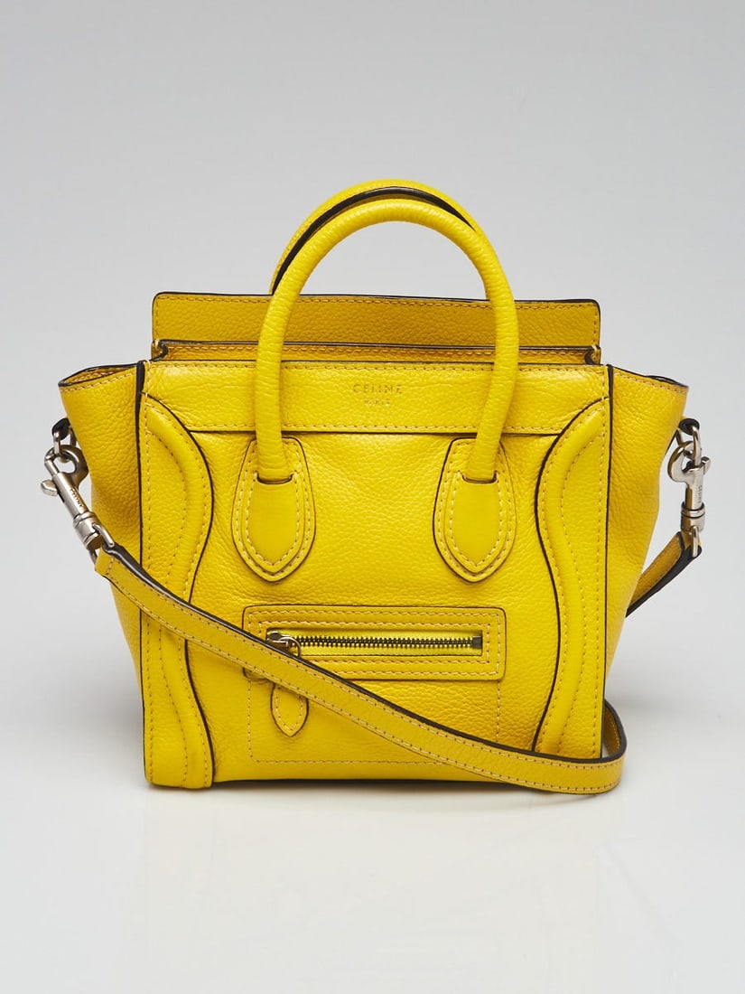 CELINE Yellow Drummed Leather Nano Luggage: CELINE Yellow Drummed Leather Nano Luggage Tote Bag Overall Condition: Gently used Exterior Condition: Gently used Interior Condition: Gently used Designer: Celine Material: Yellow drummed leather