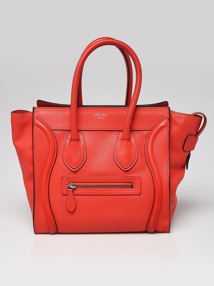 Celine Red Drummed Leather Micro Luggage Tote Bag: Celine Red Drummed Leather Micro Luggage Tote Bag Overall Condition: Gently used;Exterior Condition: Gently used;Interior Condition: Gently used;Designer: Celine;Material: Red pebbled leather;Includes
