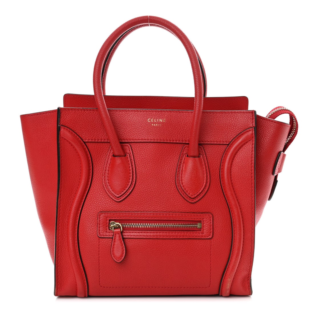 Celine Drummed Calfskin Micro Luggage Coquelicot: Celine Drummed Calfskin Micro Luggage Coquelicot Brand: CELINE Condition: Shows Wear Condition Details: Exterior: Corner wear, scuffs, marks, wear at resin glazing, Handle: Wear at resin glazing, mark