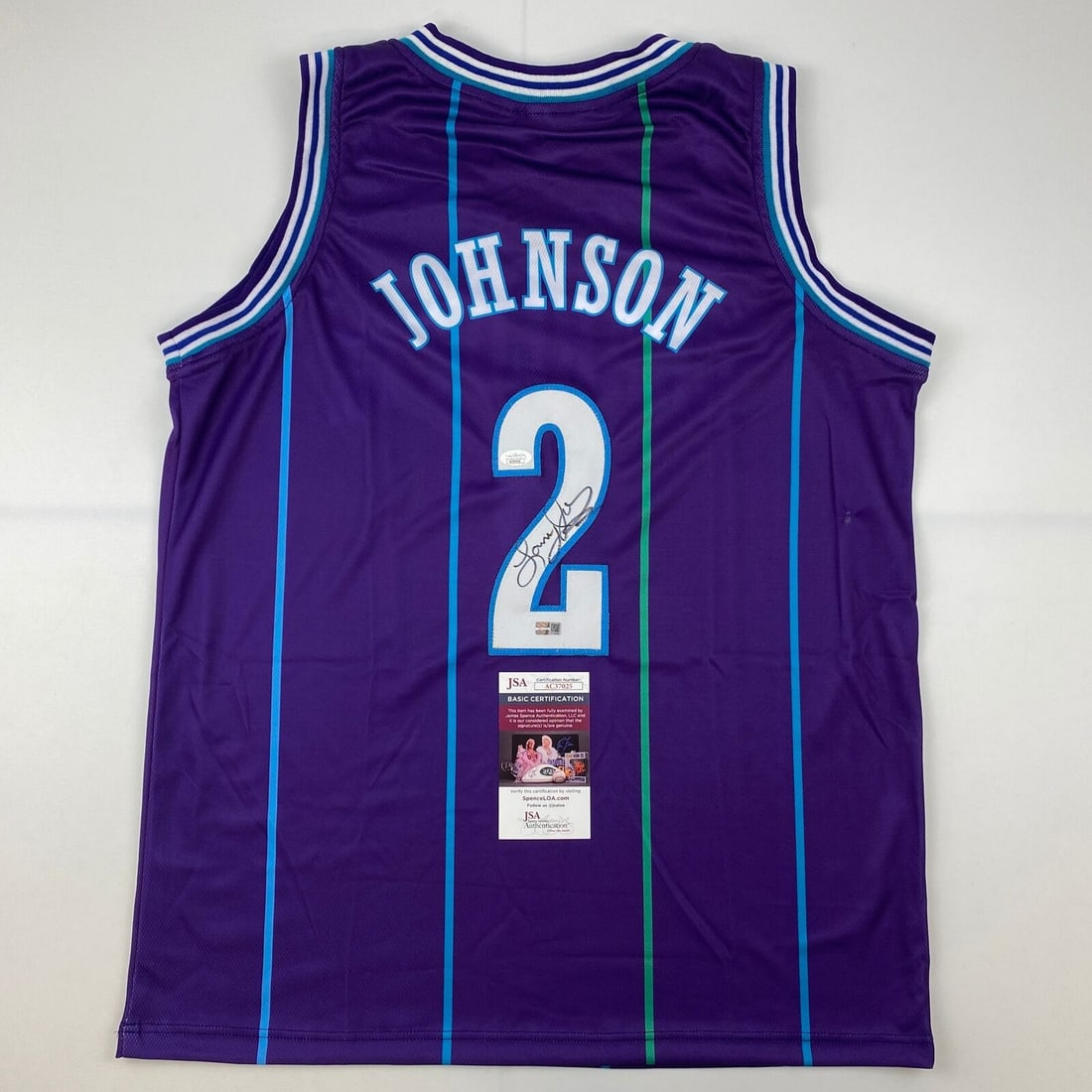autographed/signed larry johnson charlotte purple basketball: autographed/signed larry johnson charlotte purple basketball jersey JSA COA Autographed/Signed Larry Johnson Charlotte Purple Basketball Jersey JSA COA SKU no: RBJ8014904033368 Guidelines for Bidding