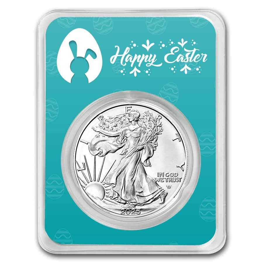 2025 1 oz Silver Eagle - w/Happy Easter, Easter Eggs Card, In TEP: 2025 1 oz Silver Eagle - w/Happy Easter, Easter Eggs Card, In TEP SKU no: RBJ270501 Year: 2025 Grade: Brilliant Unc Grade Service: None Denomination: 1 Dollar Mint Mark: W - West Point (Not Shown)
