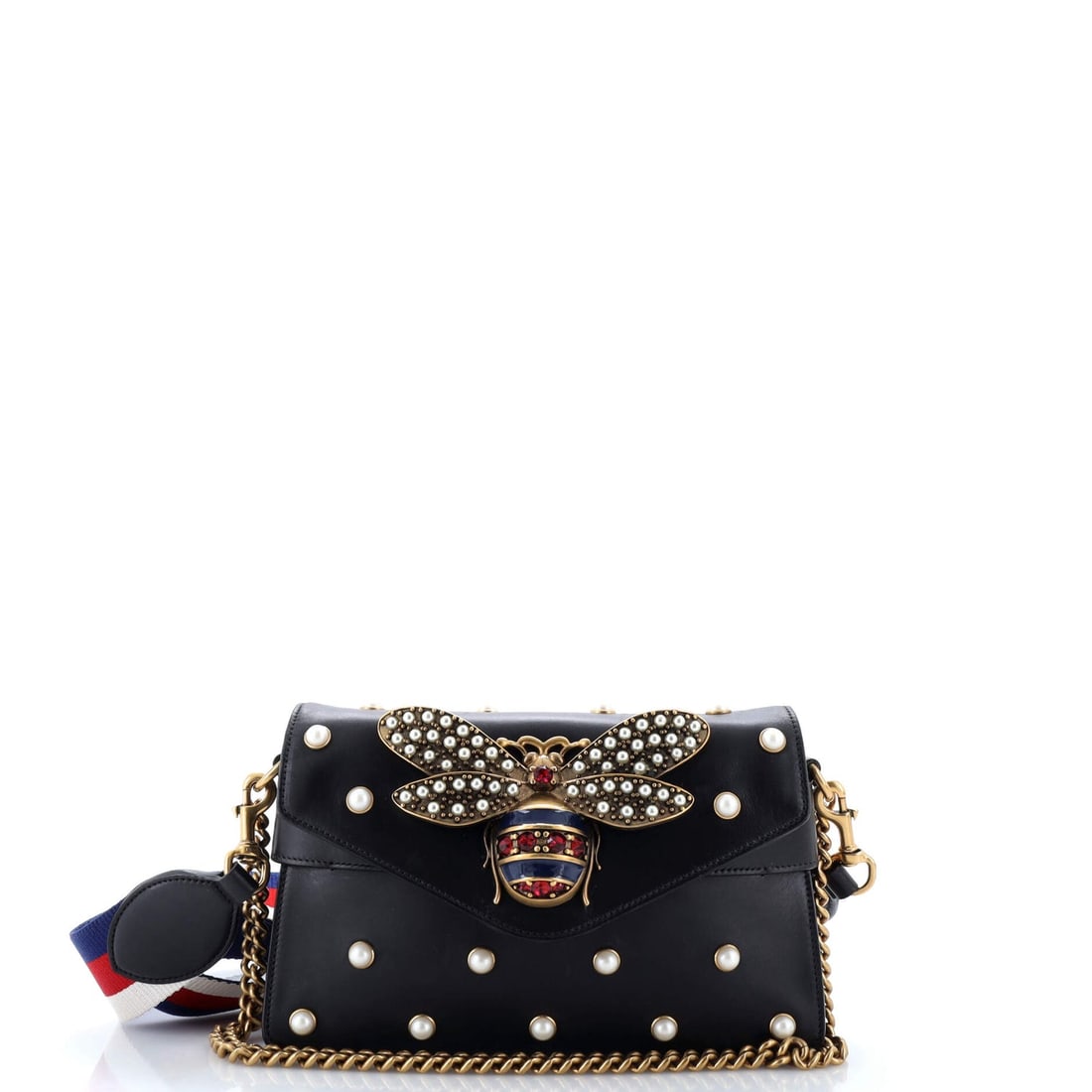 Gucci Broadway Pearly Bee Shoulder Bag: Gucci Broadway Pearly Bee Shoulder Bag Embellished Leather Mini Exterior Color: Black Interior Color: Neutral Exterior Material: Leather Interior Material: Leather Hardware Color: Aged Gold Access