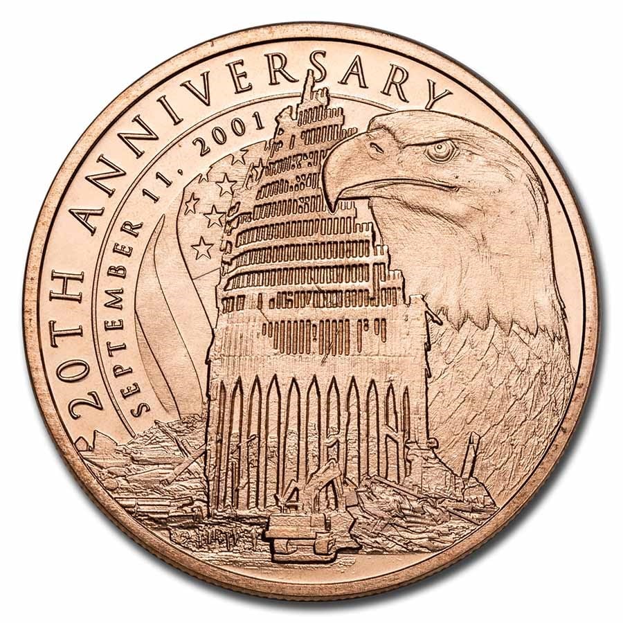 1 oz Copper Round - September 11th, 20th Anniversary: 1 oz Copper Round - September 11th, 20th Anniversary SKU no: RBJ235722 Year: N/A Grade: None Grade Service: None Mint Mark: None Metal Content: 1 AVDP oz Purity: .999 Thickness: